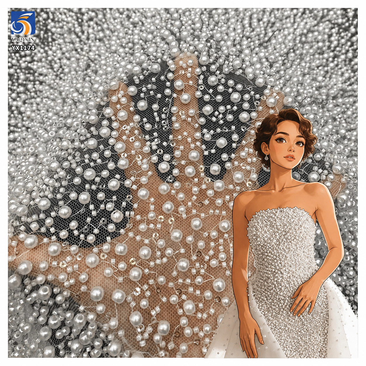 YX1174 pearl 3D beads sequin lace fabric