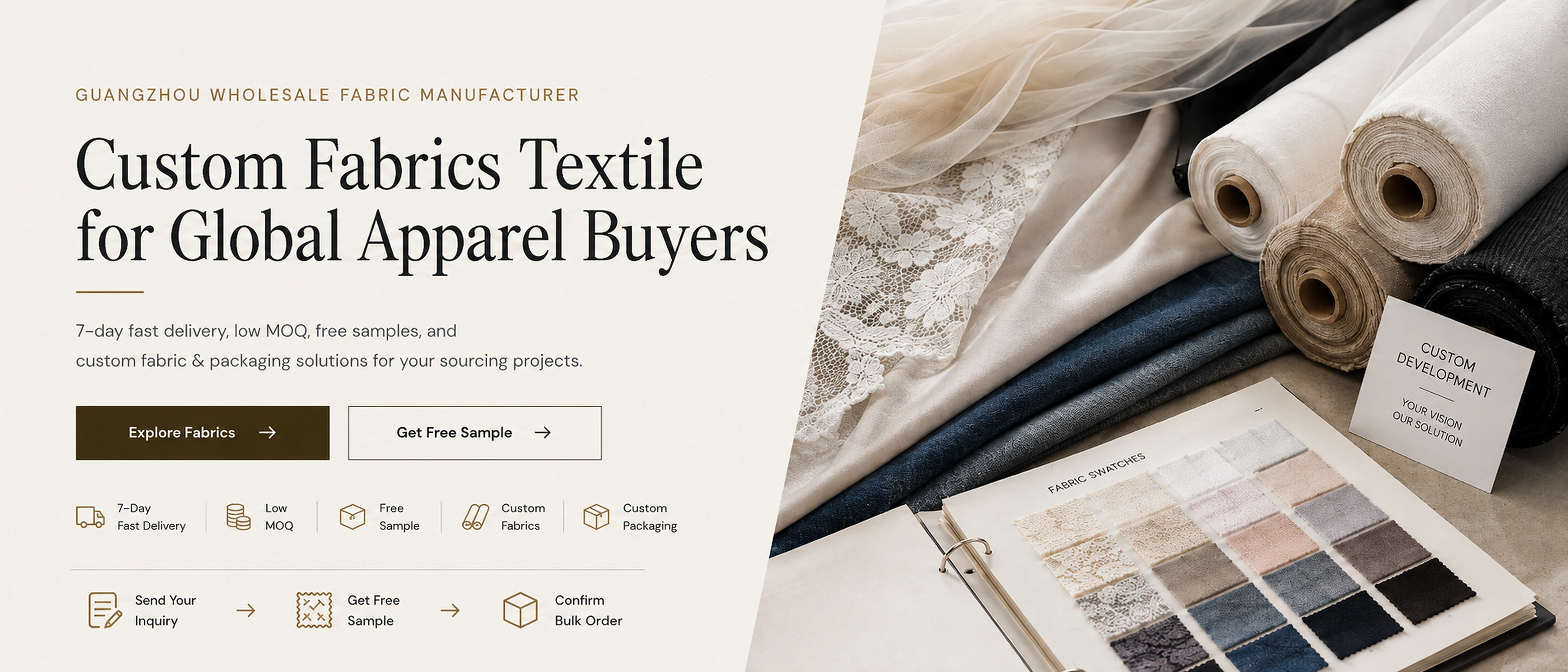 Fabric rolls, lace and a textile swatch book from the existing YAQIXIN homepage artwork